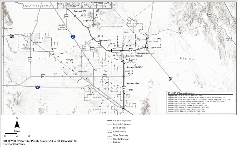 ADOT Map showing the SR 287 and SR 87 corridor profile study area from Coolidge to I-10 and SR 79 to SR 587 in the Pinal County, SCMPO, and MAG region