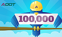 Bird in hard hat holding sign for 100,000