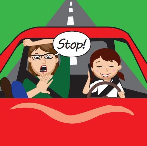 "Stop!" Girl on phone while mother teaches how to drive.