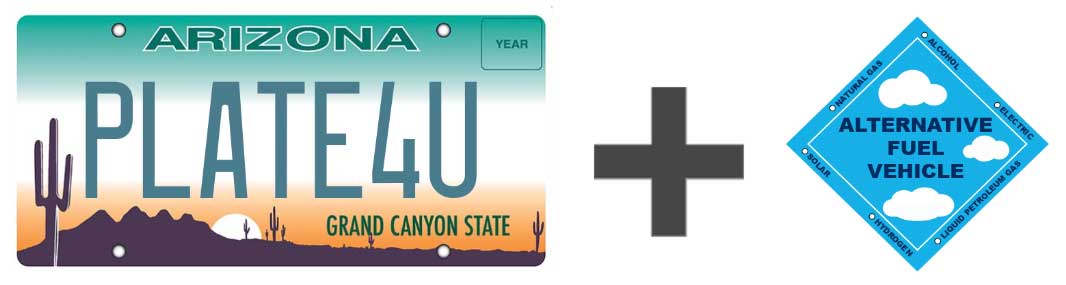 license plate - a plus sign - and and alt fuel sticker enlarged