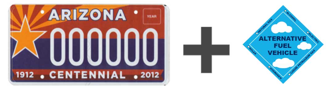 license plate - a plus sign - and and alt fuel sticker enlarged