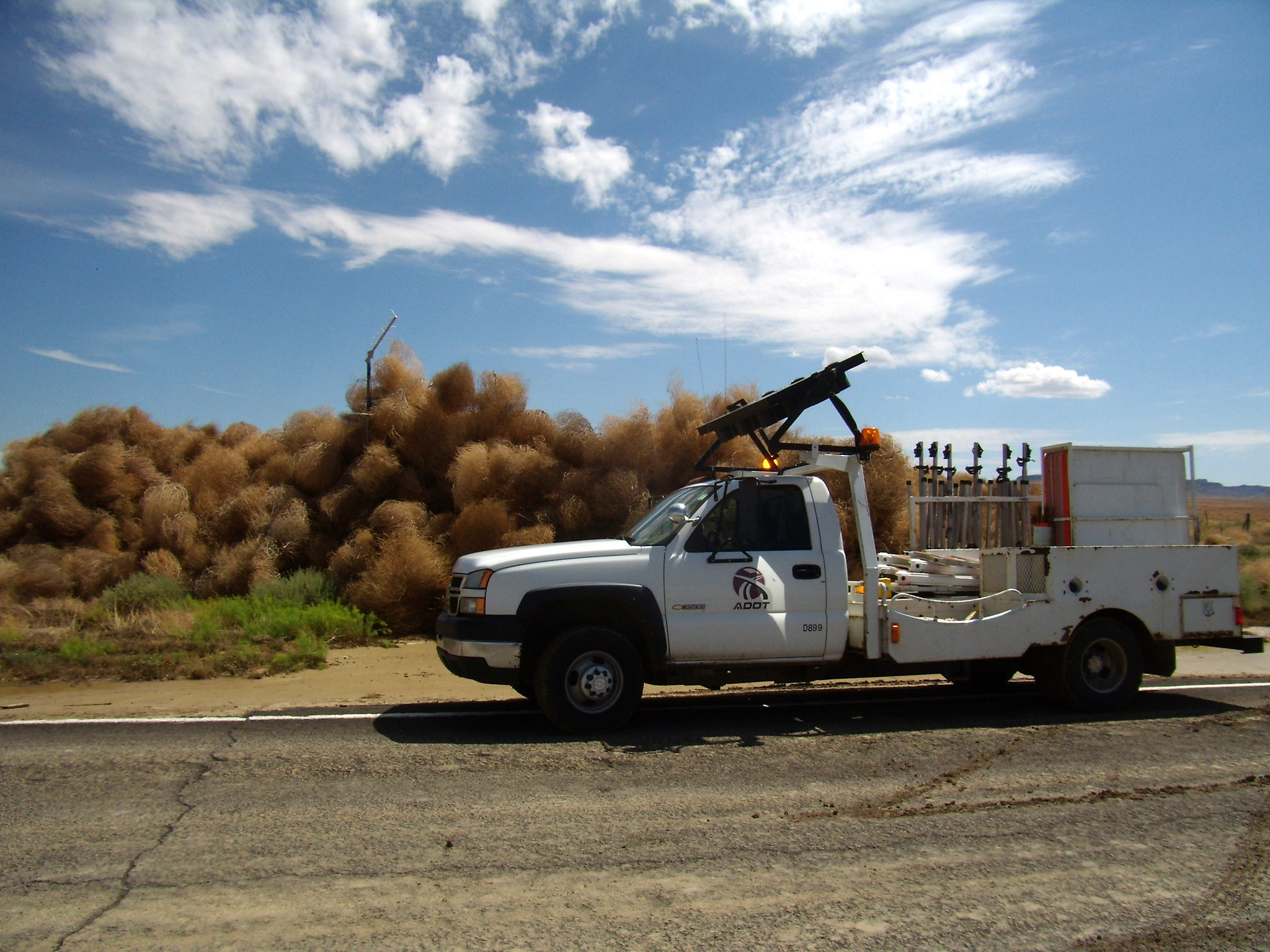Tumbleweeds along a highway with an ADOT truck in foreground
