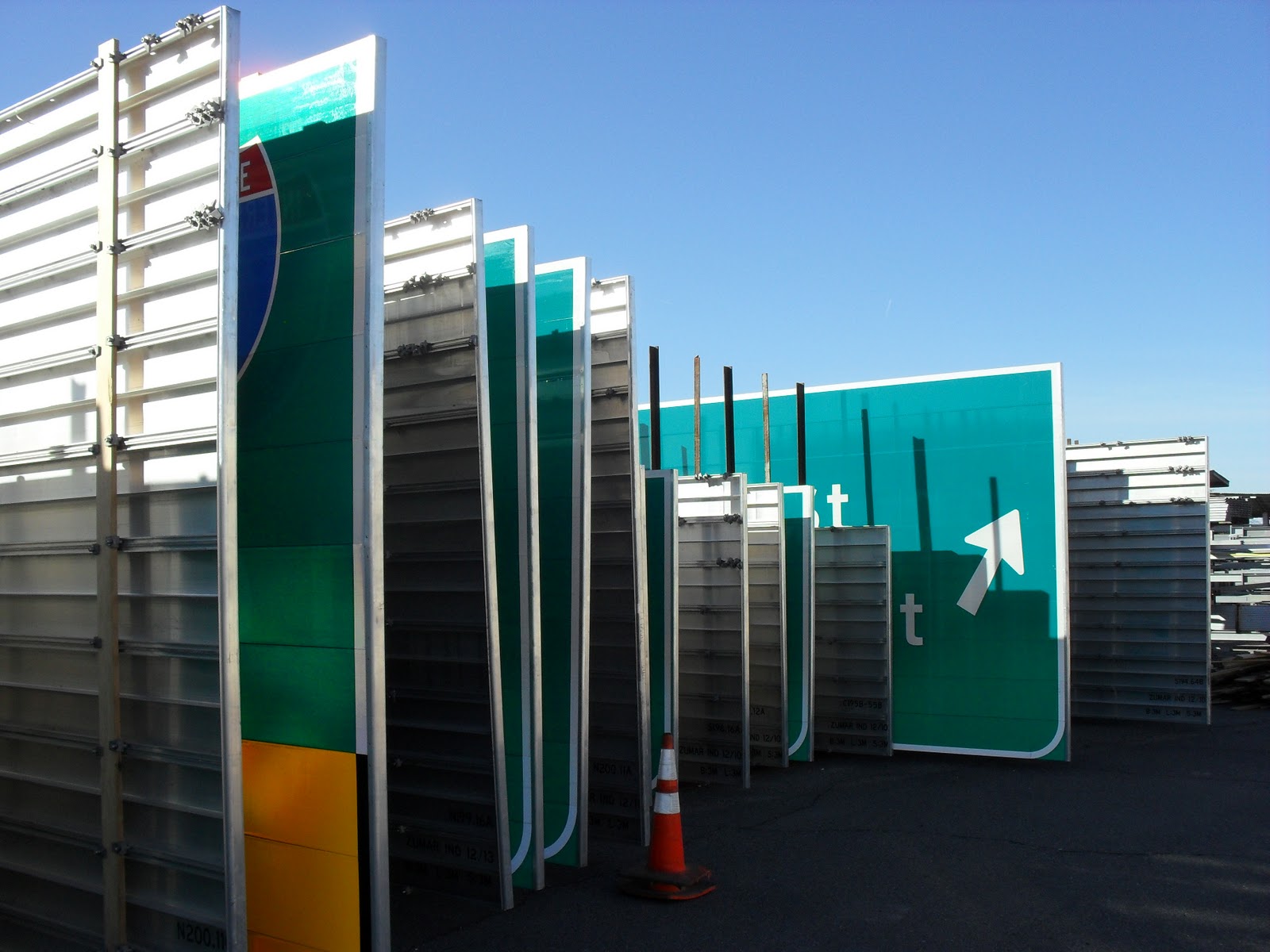 Freeway Signs at ADOT Sign Shop stored vertically