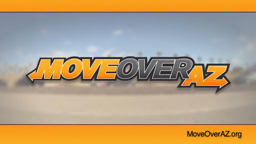 Text MOVE OVER AZ in bold letters is centered on a blurred background with orange borders. The website MoveOverAZ.org appears in the bottom right corner.