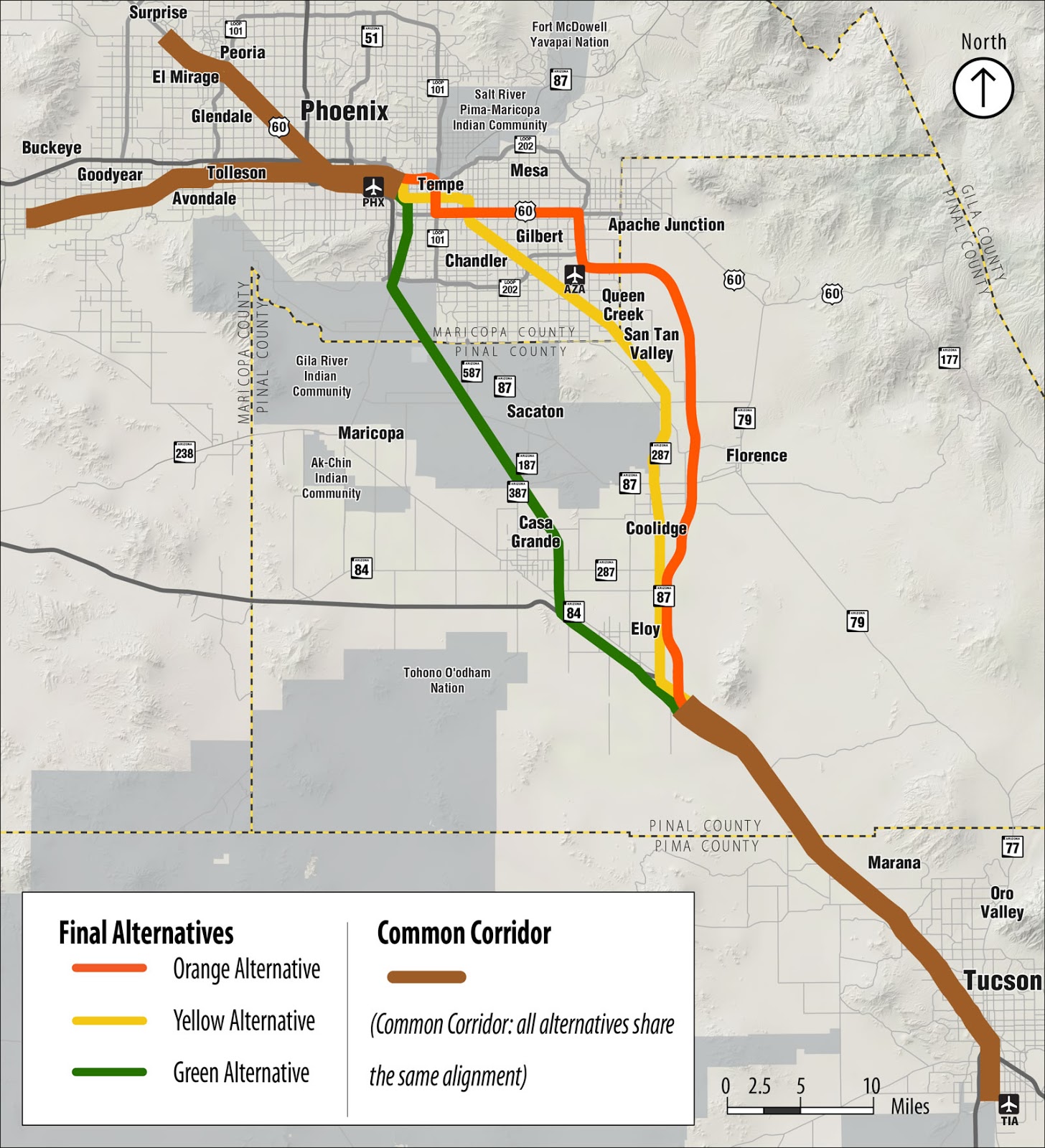 ADOT’s Passenger Rail Corridor study map with three chosen alternatives to link Phoenix and Tucson