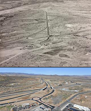 Two aerial views of the same highway interchange: the top image shows it in a barren desert landscape, the bottom image shows it modernized with developed roads and nearby buildings.
