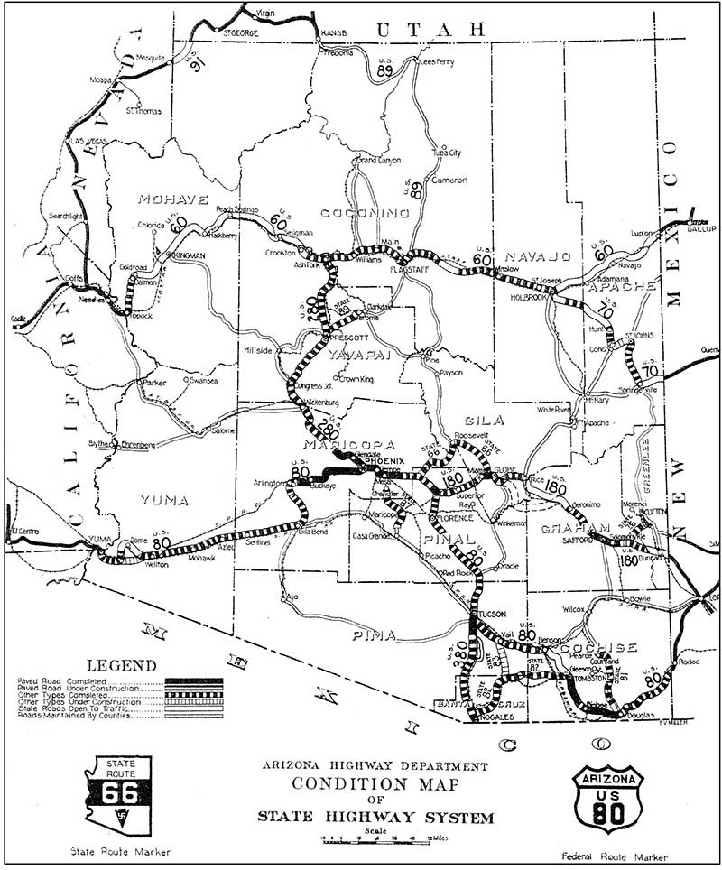 Black-and-white map showing Arizona’s state highway system, including Route 66 and Route 89, labeled by county.