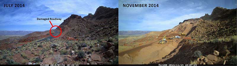 Photos comparing US 89 hillside between summer and November