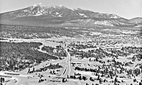 Black and white photo of Flagstaff in the snow