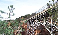 Steel arch Midgley Bridge in northern Arizona spans a rocky canyon with trees and greenery in the foreground under a clear sky.
