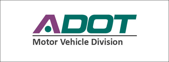 ADOT Motor Vehicle Division logo with ADOT in bold green and purple capital letters above the words Motor Vehicle Division in gray.