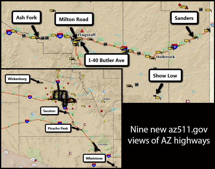 Map showing locations of nine new az511.gov highway camera views in Arizona, with arrows to each site.