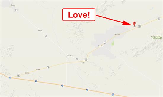A map shows the location of Love Arizona marked with a red pin and labeled with a red arrow and the word Love! in a speech bubble.