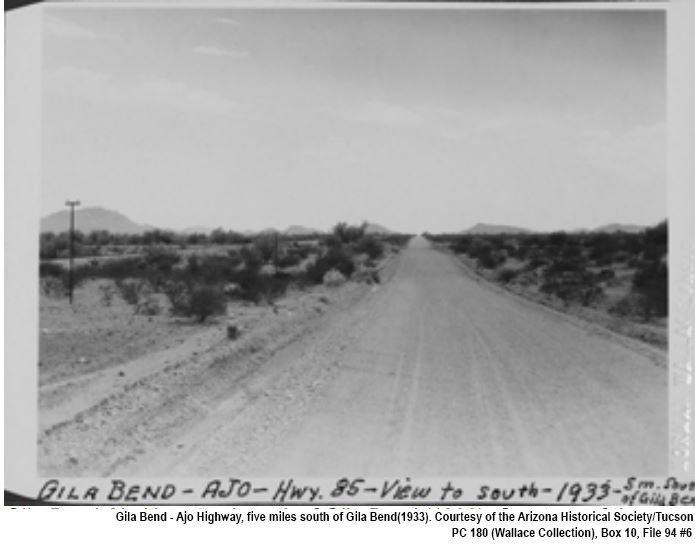 Historic photo showing Highway 85 as a gravel road