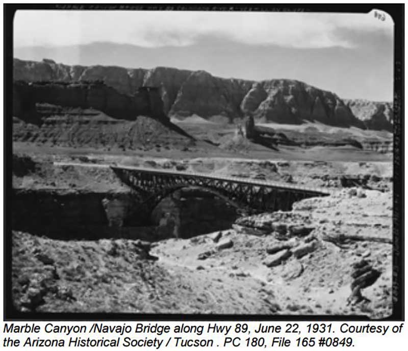 1931 photo showing structure over Colorado River later named Navajo Bridge