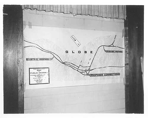 Black and white photo of a map of proposed Globe interchange