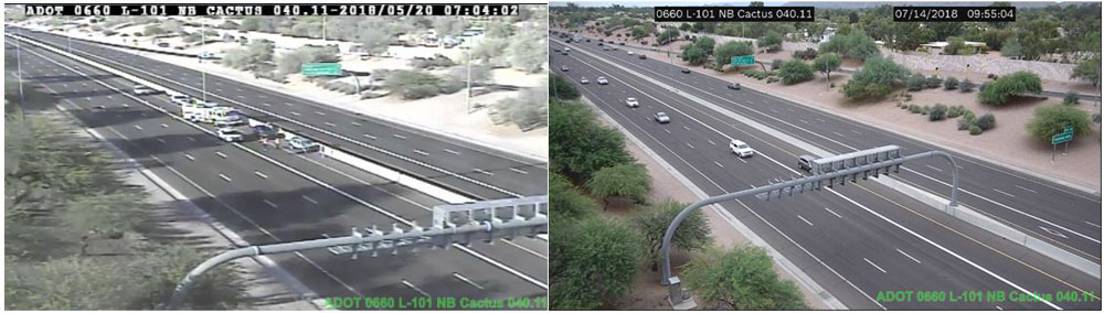 A highway camera showing side by side comparisons of different resolutions and clarity