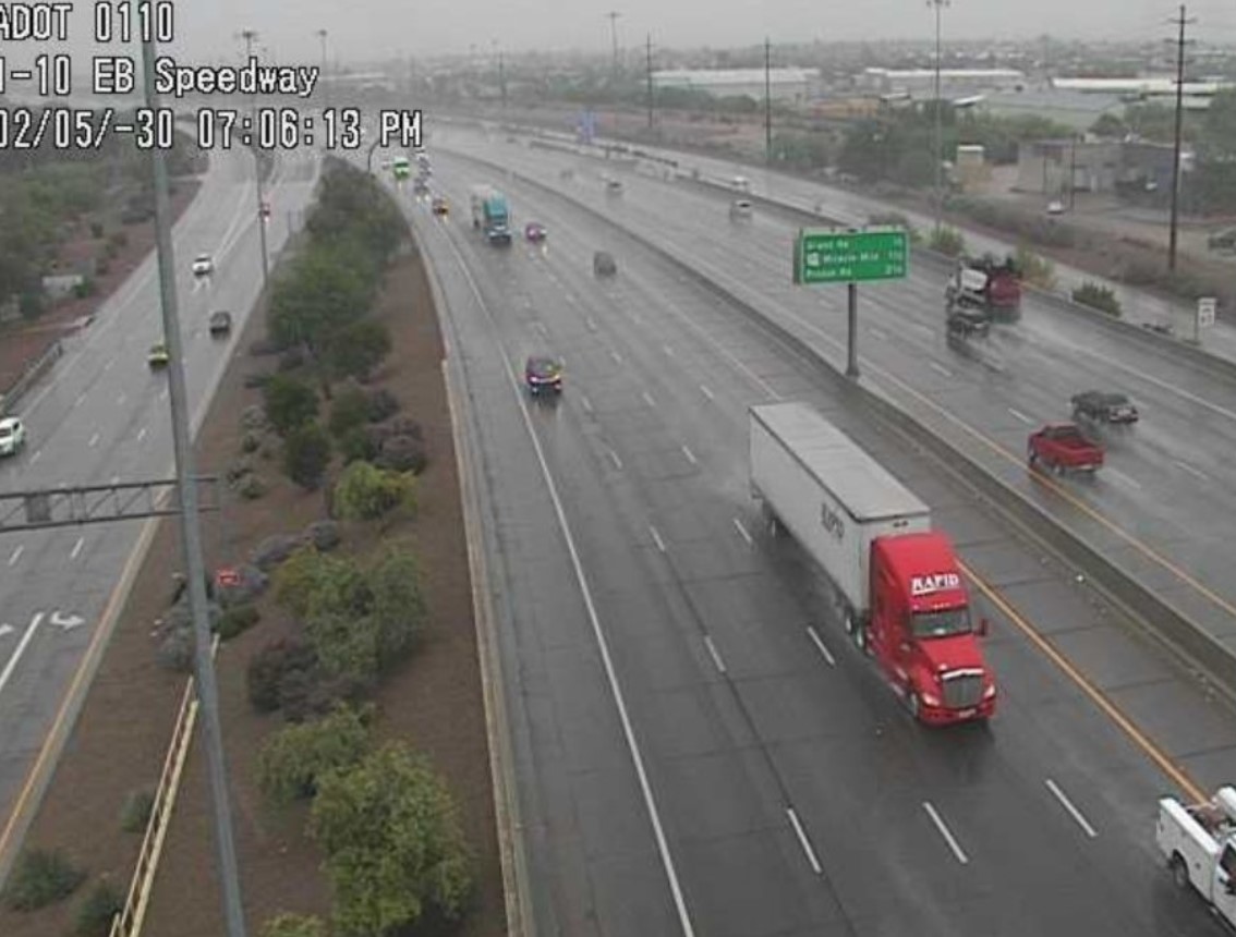 Traffic camera image of rain falling on Interstate 10 in Tucson