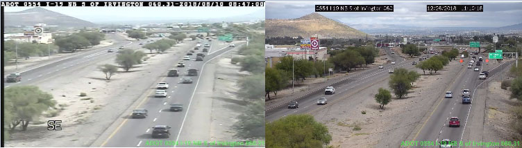 Two highway traffic camera images show the same area at different resolutions.
