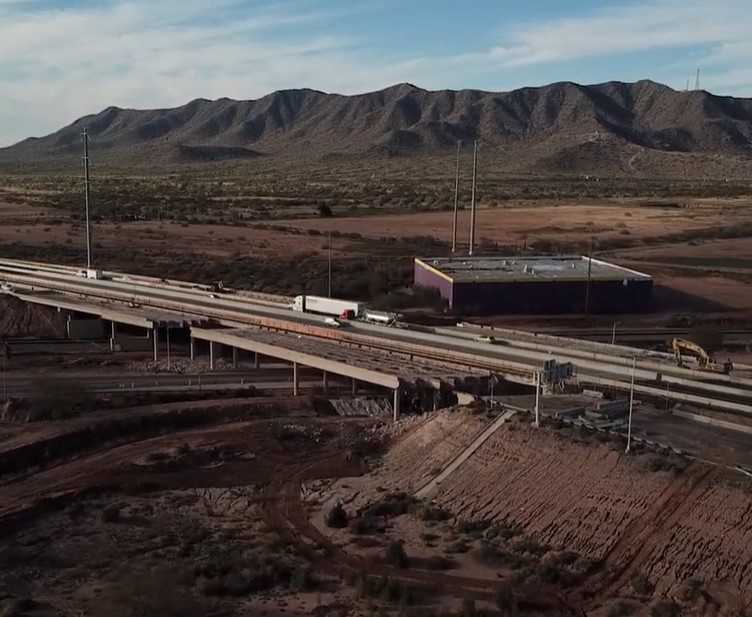 Aerial view of Interstate 10 bridges at Jimmie Kerr Boulevard