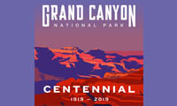Stylized Grand Canyon artwork with text: Grand Canyon National Park Centennial 1919-2019 on a purple background.