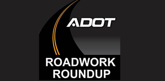 ADOT Roadwork Roundup logo featuring a black road with yellow lines curving upward on a dark background.