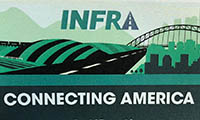 Illustration of infrastructure with a bridge, road, and city skyline, and the text INFRA CONNECTING AMERICA.