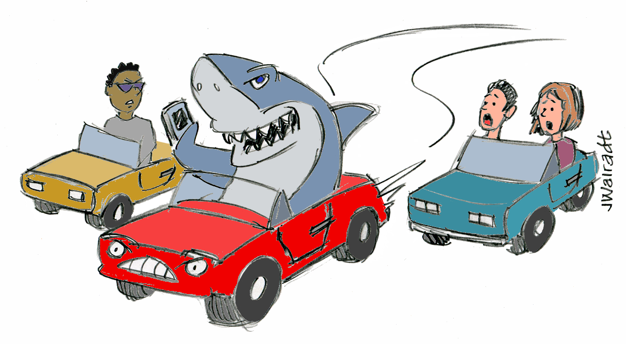 Cartoons shows distracted shark driver menacing other vehicles
