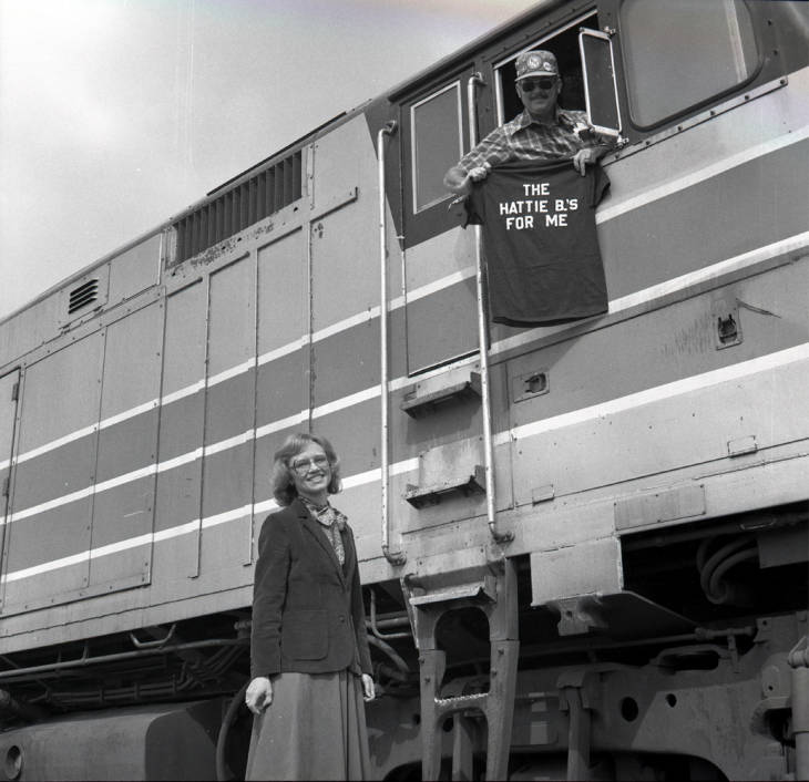 First Lady of Arizona, Harriet Babbitt with Train Conductor in 1980.