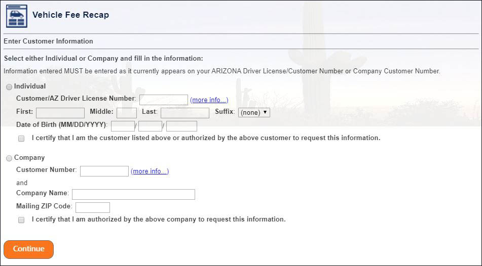 Online form titled Vehicle Fee Recap requesting customer information including name, driver license number, date of birth, and company details with a Continue button.