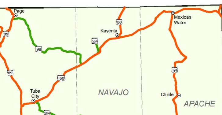 Map showing state highways in northeastern Arizona
