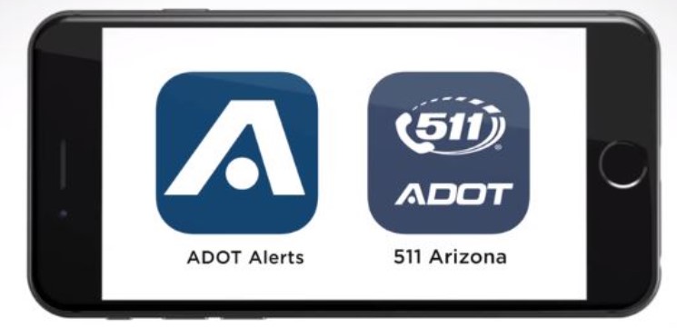 Graphic showing ADOT Alerts logo and 511 Arizona logo on smartphone