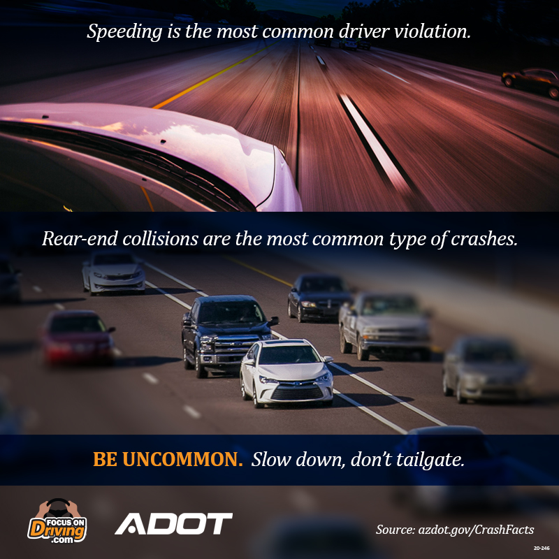 A graphic of cars driving on a highway. The text urges drivers to slow down and avoid tailgating to prevent crashes.