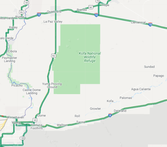 Map showing Kofa National Wildlife Refuge in Arizona, bordered by highways I-10 to the north and I-8 to the south, with surrounding towns and roads labeled.
