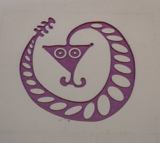 Abstract purple snake with an oval-patterned body and a triangular face on a plain background.