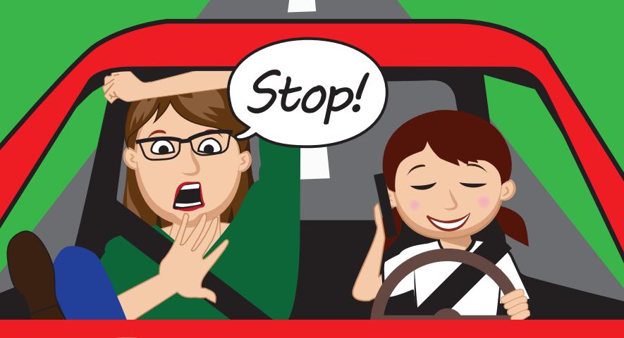 Cartoon of a worried passenger yelling Stop! as the smiling driver talks on the phone while driving a red car.