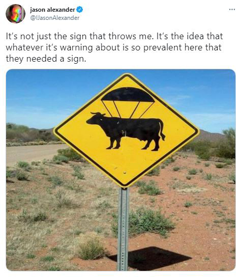 Road sign of cow with a parachute.