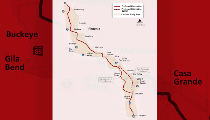 Map showing a proposed transportation corridor in Arizona, with routes connecting Buckeye, Casa Grande, and Tucson, and labeled preferred and optional alternatives.