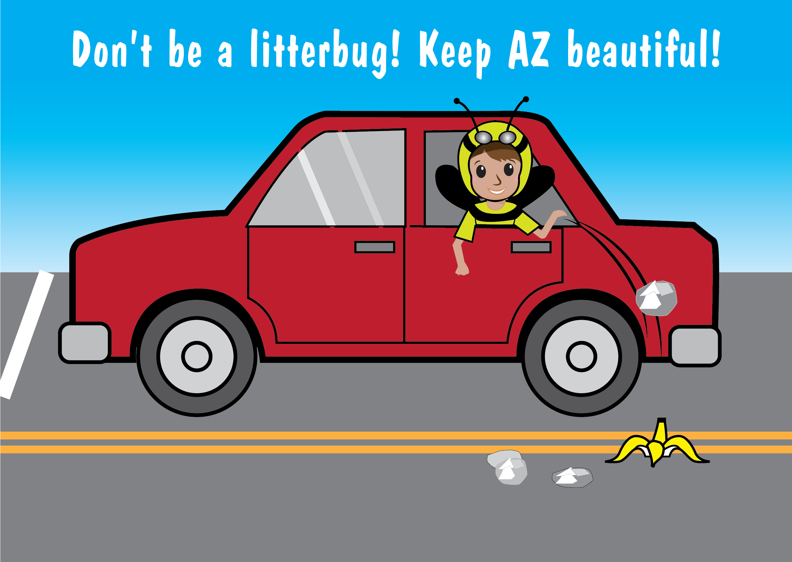 Illustration of litterbug kid throwing trash out of the car