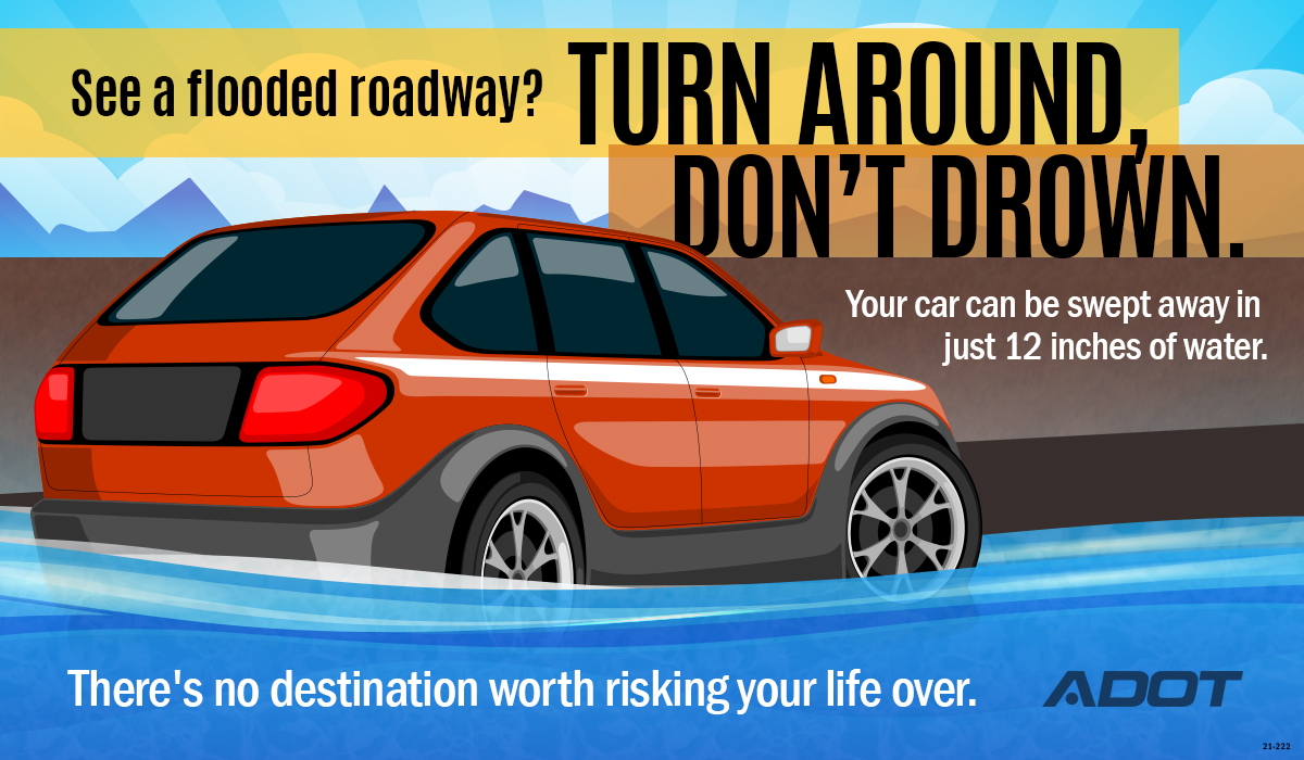 Cartoon graphic shows car in water and gives safety tips.