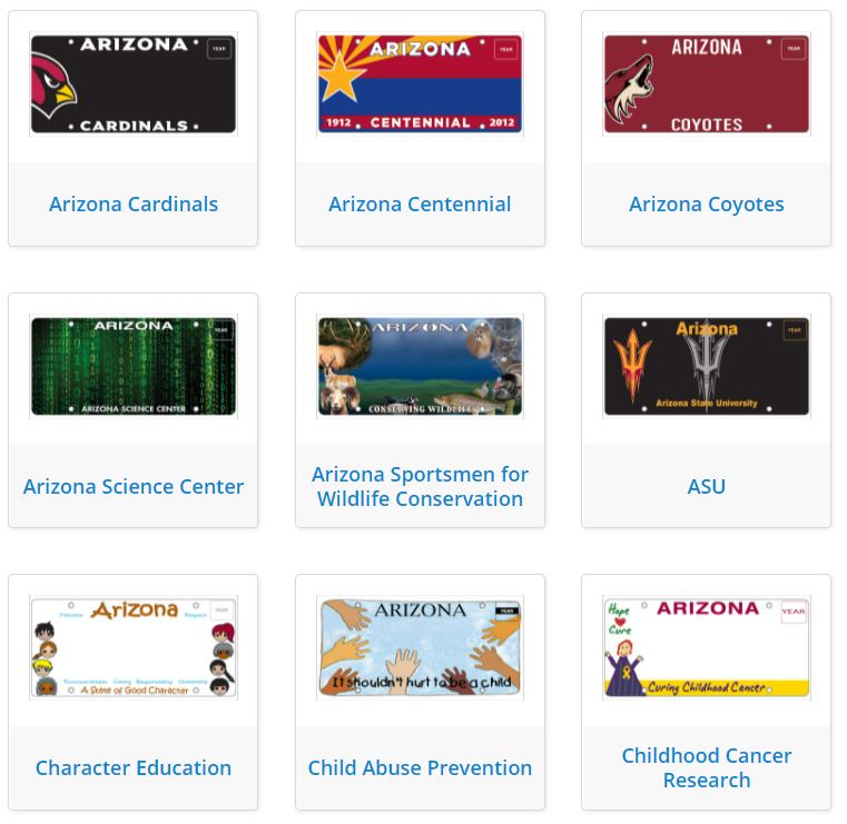 Grid of nine Arizona specialty license plate designs, each with a label, representing organizations and causes such as sports teams, education, and health awareness.