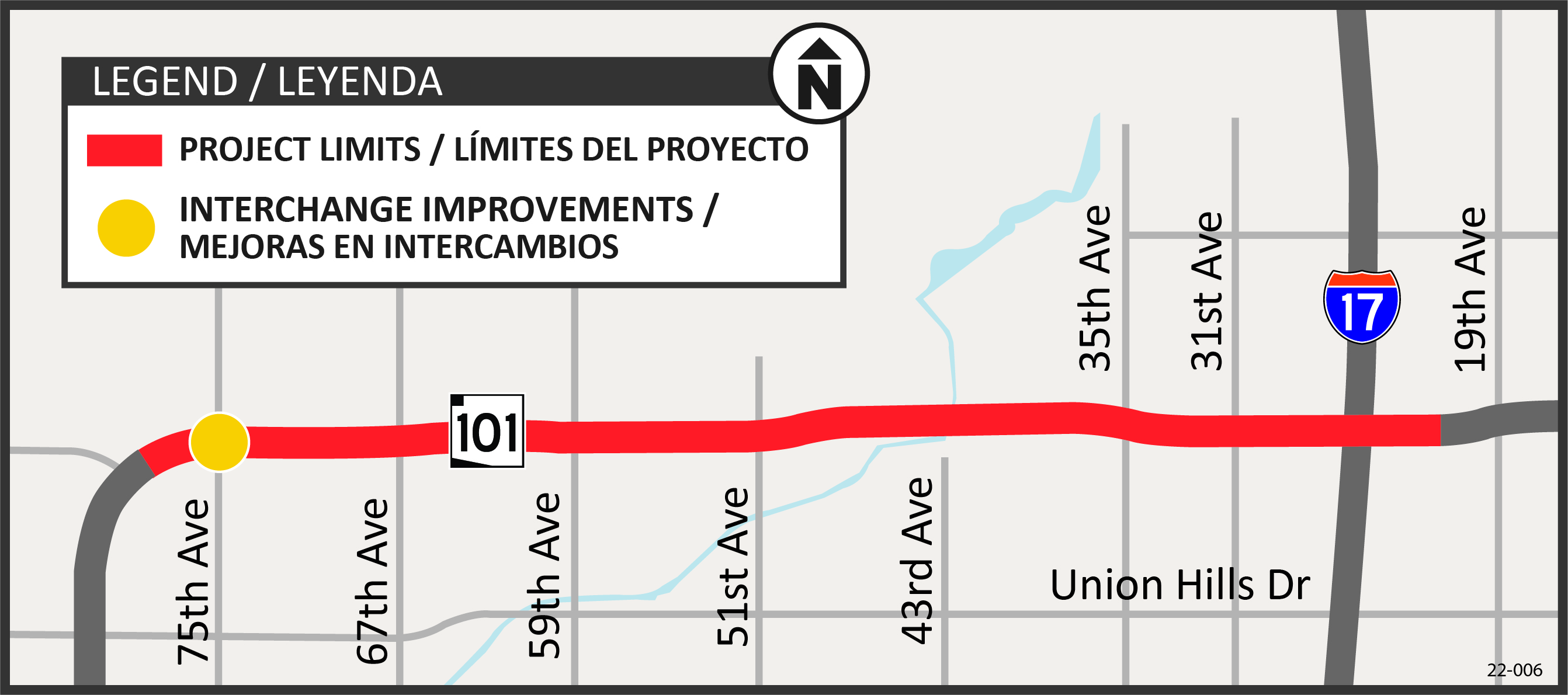 A map graphic shows project limits Arizona Route 101 from 75th Ave to 19th Ave, with interchange improvements at 75th Ave and I-17. Labels are in English and Spanish.