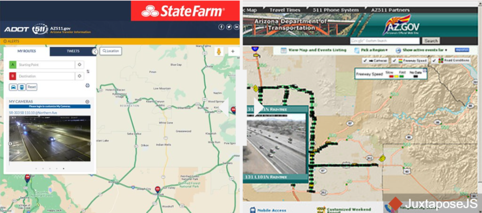 Split-screen showing two Arizona road traffic maps with live camera feeds; left map features State Farm branding, right map shows Arizona Department of Transportation website.