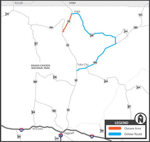 Map showing US 89 detour between Page and Bitter Springs