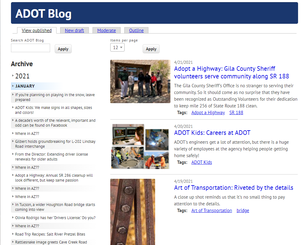 Computer screenshot showing ADOT blog posts