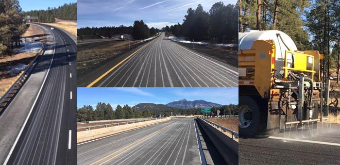 Collage of photos showing snow-removal stripes applied before storms