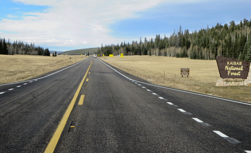 State Route 67 passing sign for Kaibab National Forest