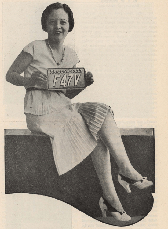 Model displays 1931 license plate in Arizona Highways magazine