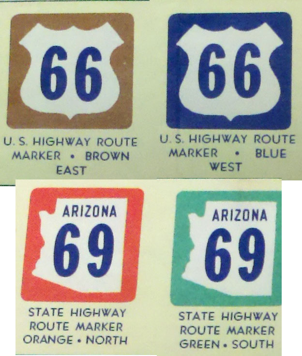 Four examples of highway designation signs with different colors