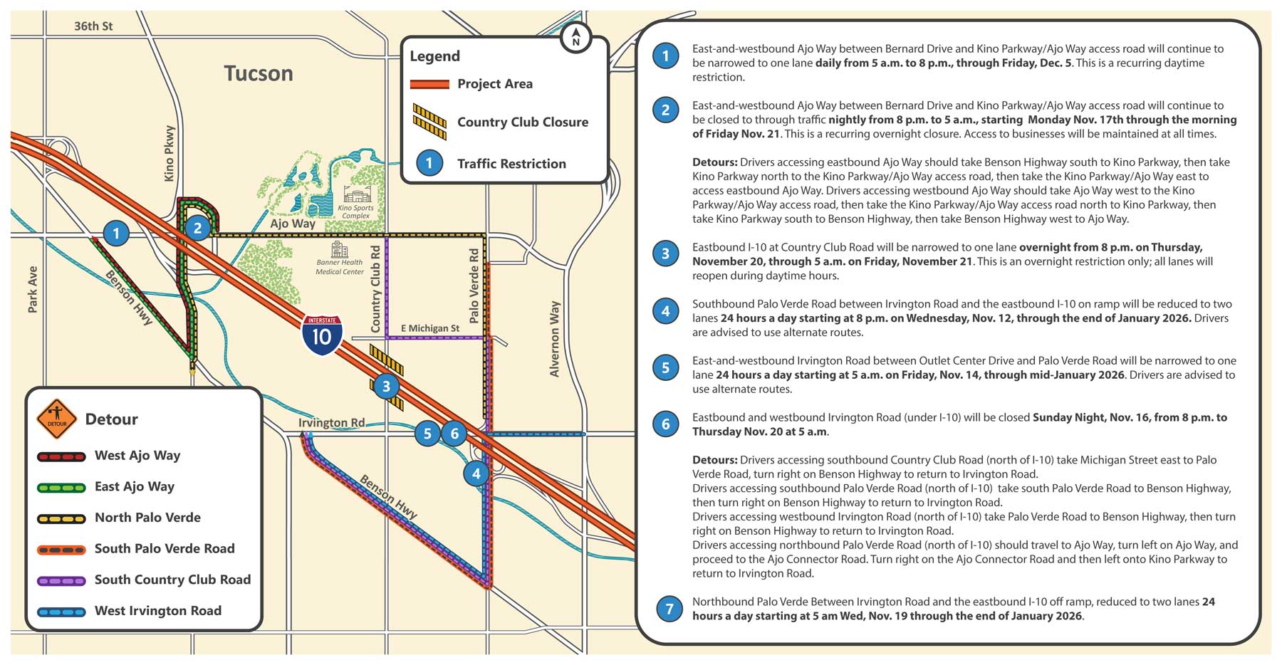 Map showing road closures and detours on Ajo Way, I-10, Irvington Road, and Palo Verde Road with marked alternate routes.